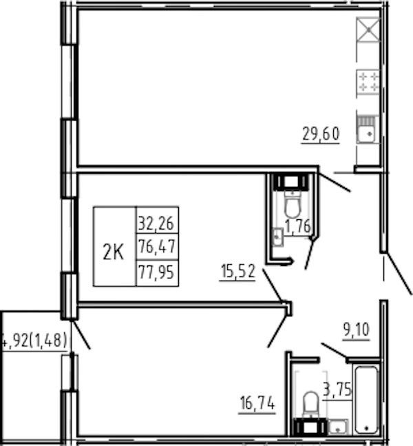 2-комнатная квартира 77.95 м², 2/5 эт., Комплекс апартаментов «Bereg. Курортный»